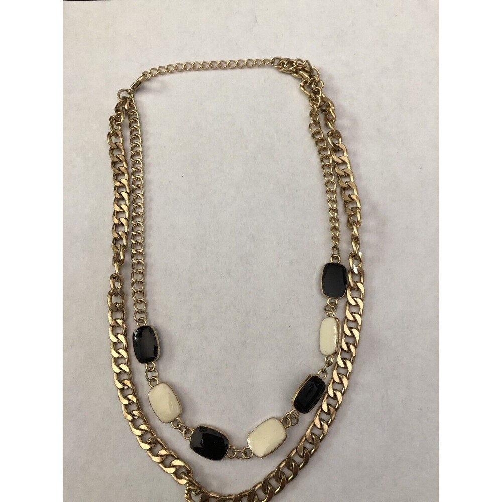 Vintage gold tone Double  Chain and cream & Black enamel Sq necklace 19" long